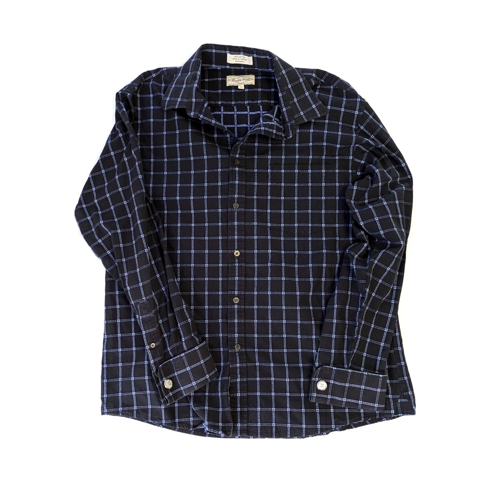 Eighty Eight Men's Black Blue Windowpane Plaid Cotton Button Down Shirt Large